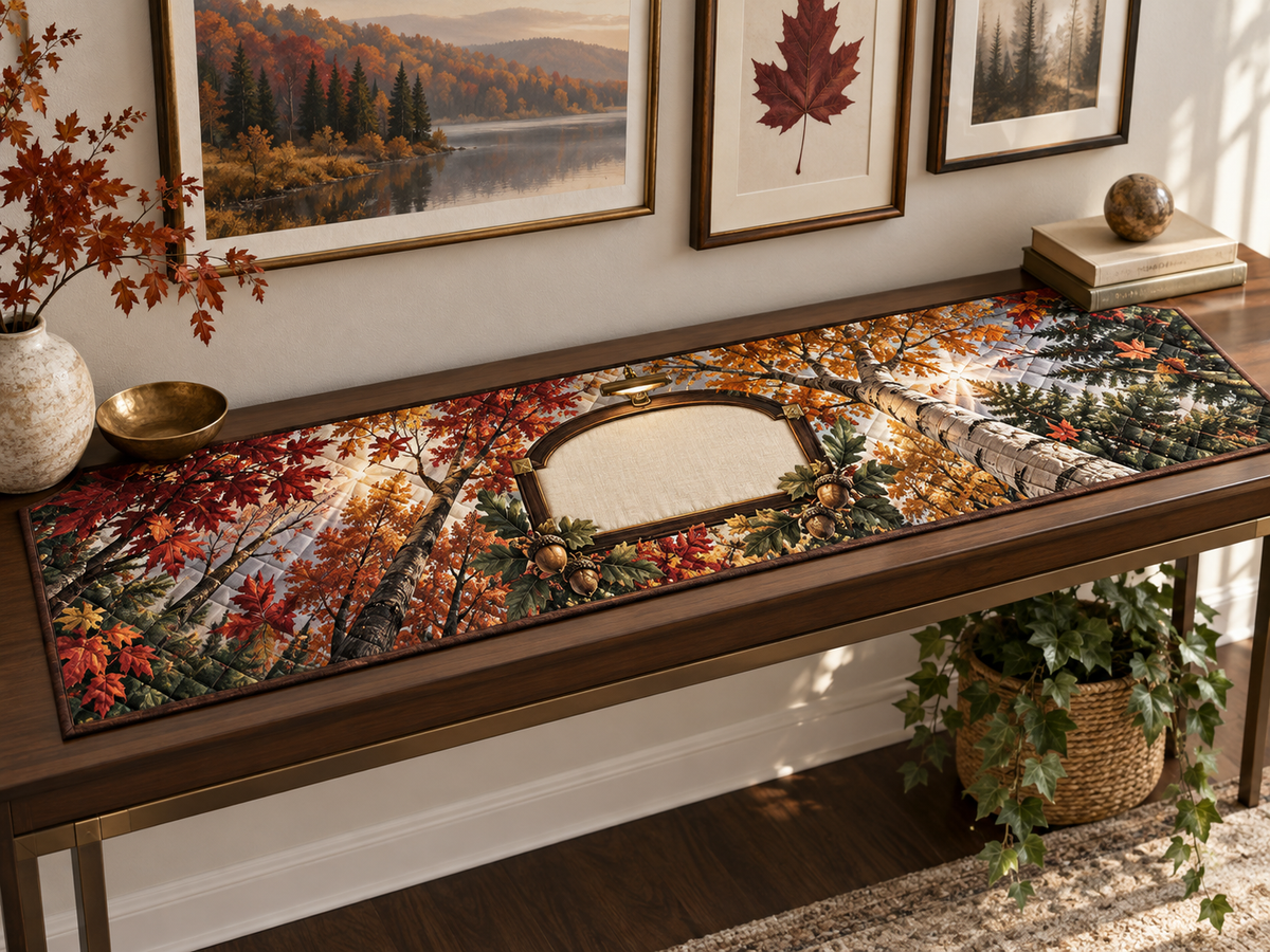 One table runner with a graphic autumn canopy, black-walnut gallery arch, brass accents, picture light and blank linen name plaque.