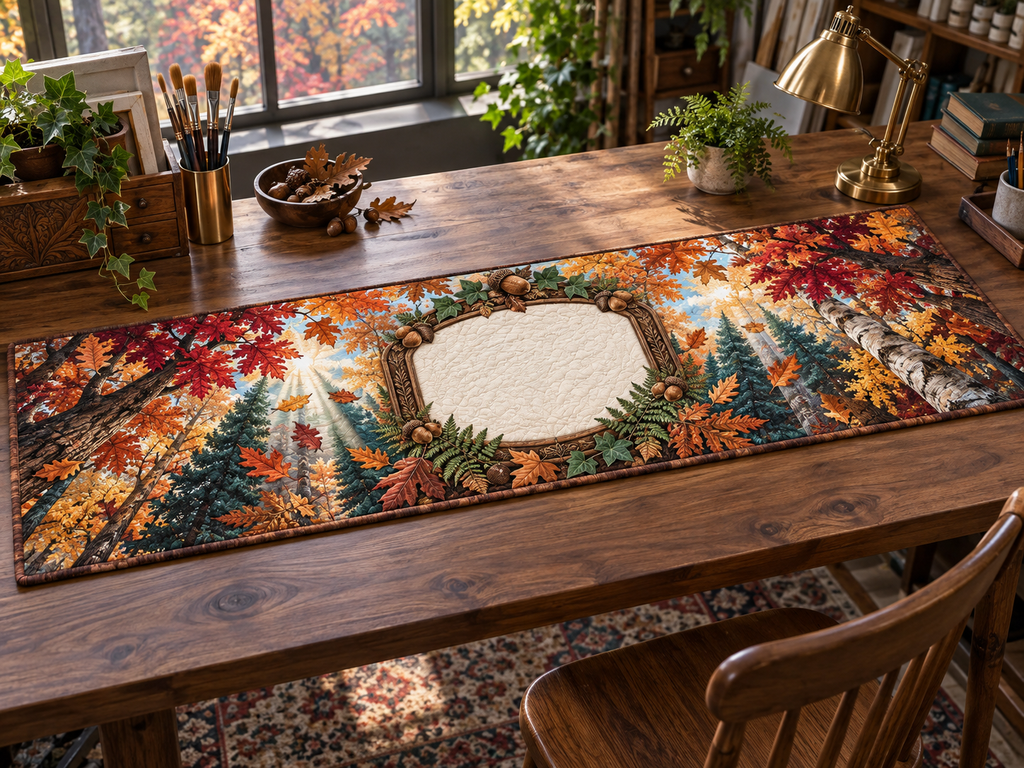 One table runner with an autumn forest canopy, carved walnut studio arch, brass art tools and blank canvas-texture name plaque.