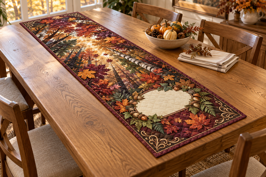 One table runner with a luminous autumn forest canopy, curved cedar doorway and blank cream-linen name plaque.