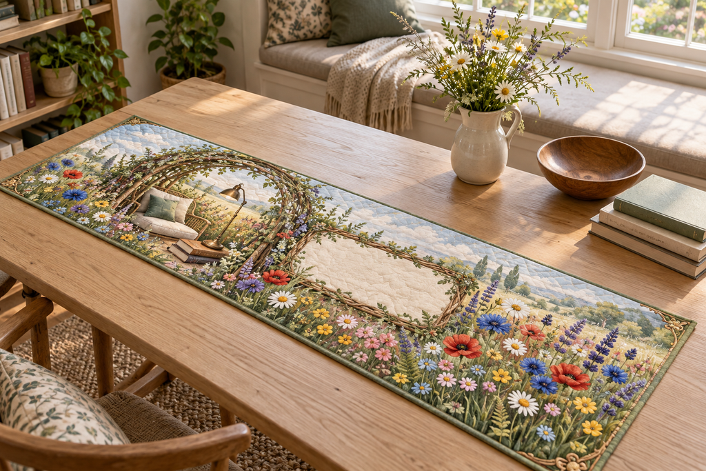 One table runner with a sunlit wildflower meadow, woven-willow reading arch and blank ivory-linen name plaque.