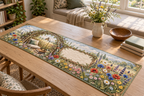 One table runner with a sunlit wildflower meadow, woven-willow reading arch and blank ivory-linen name plaque.