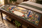 One table runner with a dramatic sunrise wildflower meadow, dark-bronze botanical trellis and blank ivory name plaque.