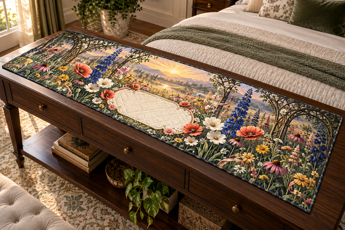 One table runner with a dramatic sunrise wildflower meadow, dark-bronze botanical trellis and blank ivory name plaque.