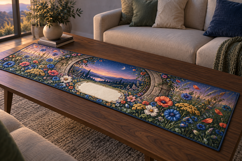 One table runner with a blue-hour wildflower meadow, circular stone garden portal and blank ivory name plaque.