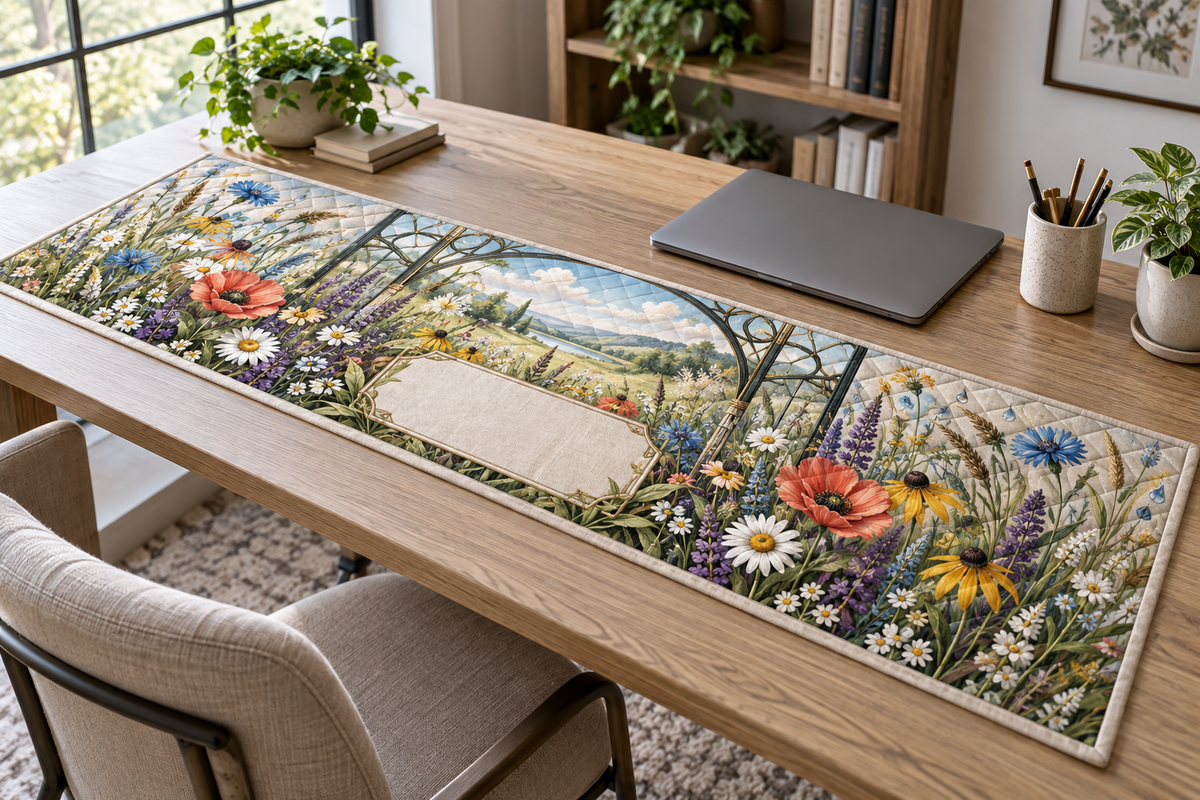 One table runner with a fresh wildflower meadow, blackened-steel studio window and blank linen name plaque.