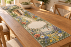 One table runner with a sunlit wildflower meadow, fieldstone cottage doorway, antique-copper key motif and blank linen name plaque.