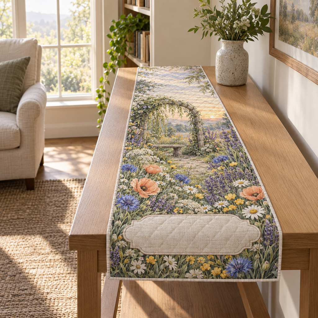 One table runner with a tranquil dawn wildflower meadow, weathered willow arch, stone bench motif and blank linen name plaque.