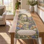 One table runner with a tranquil dawn wildflower meadow, weathered willow arch, stone bench motif and blank linen name plaque.