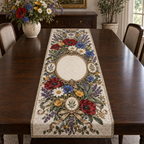 One table runner with a collector wildflower herbarium, antique-brass oval frame, botanical medallions and blank ivory linen name plaque.