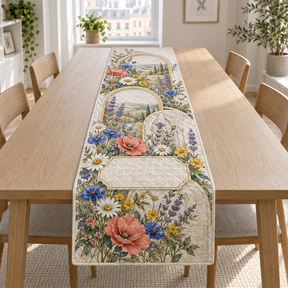 One table runner with overlapping arched wildflower gallery panels, matte-brass printed lines and blank warm-linen name plaque.
