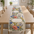 One table runner with overlapping arched wildflower gallery panels, matte-brass printed lines and blank warm-linen name plaque.