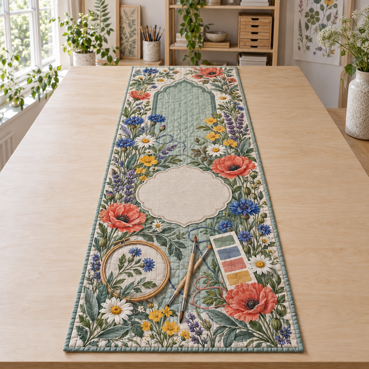 One table runner with a wildflower maker garden, sea-glass studio arch, embroidery hoop, paintbrush motifs and blank oatmeal-linen name plaque.