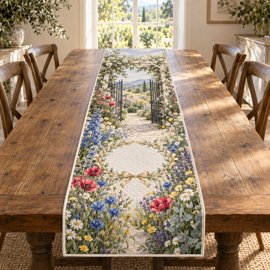 One table runner with a welcoming wildflower garden gate, whitewashed trellis, champagne-gold ribbon wreath motif and blank ivory-linen name plaque.