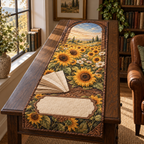 One table runner with a luminous sunflower field, walnut library-window arch, copper reading-glasses motif and blank parchment-linen name plaque.