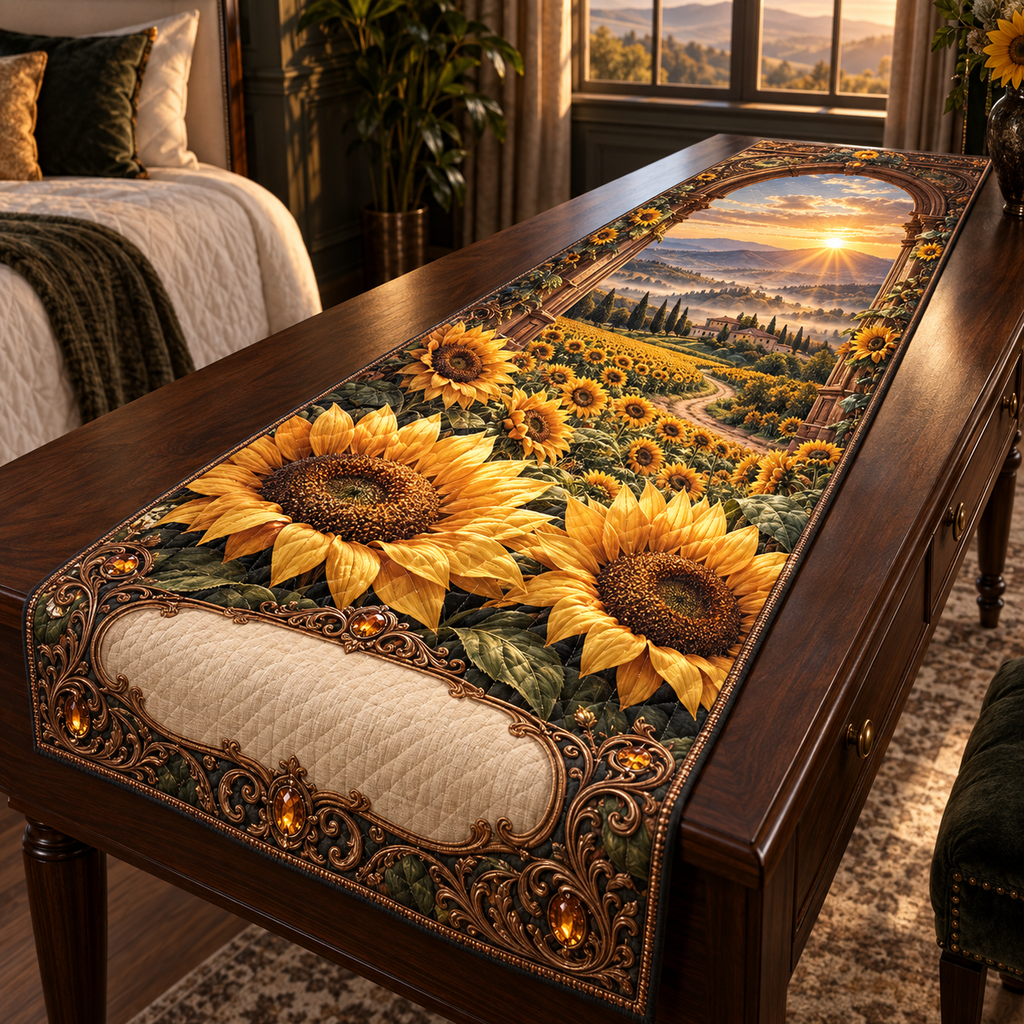 One table runner with a deep-perspective sunflower field, walnut portal, antique-copper filigree and blank ivory personalization plaque.