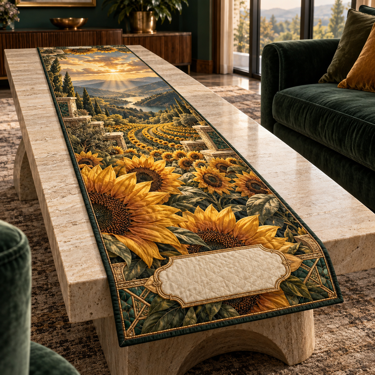 One table runner with monumental foreground sunflowers, sweeping terraces, teal valley, amber horizon and blank cream personalization cartouche.