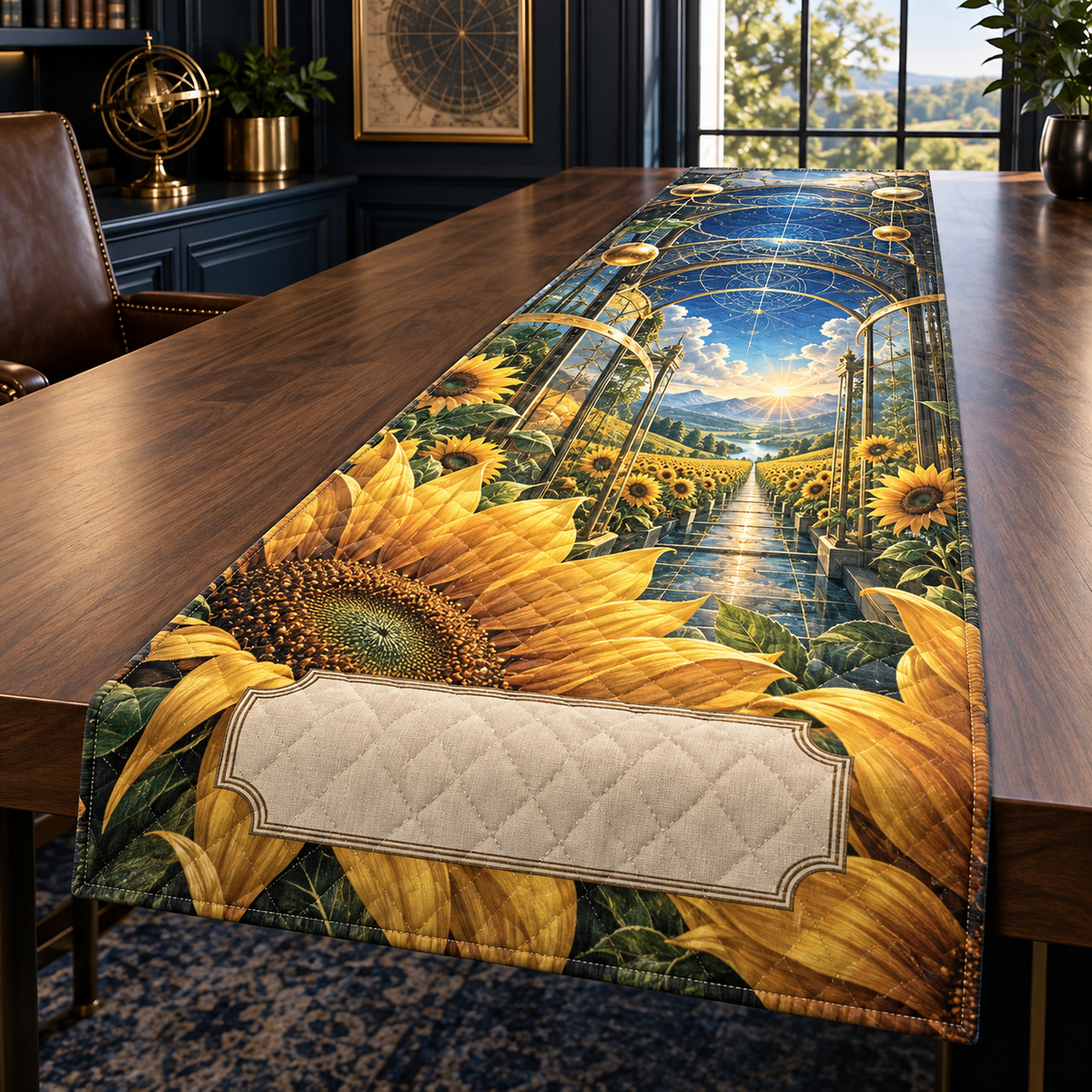 One table runner with monumental sunflower petals, brass observatory rings, emerald botanical grids, deep blue sky corridor and blank ivory personalization panel.