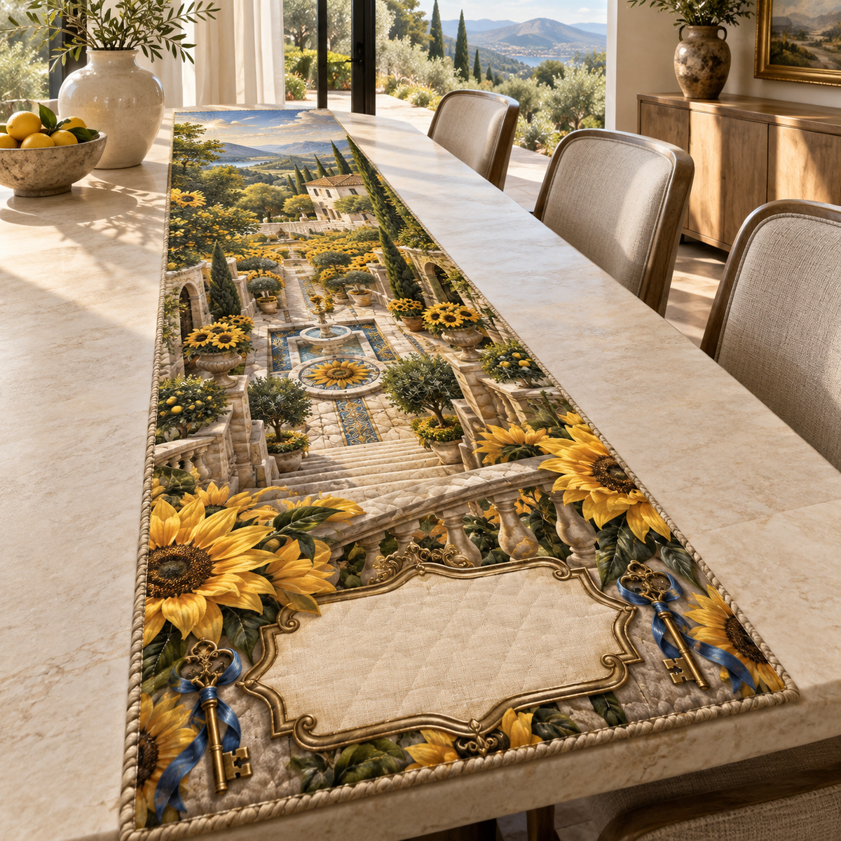One table runner with monumental sunflowers, sunken limestone courtyard, sapphire mosaic channels, cream house and blank ivory personalization plaque.