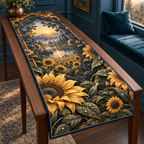One table runner with monumental dew-covered sunflowers, nested walnut shadowbox layers, reflective pool, indigo hills and a seamless finished composition.