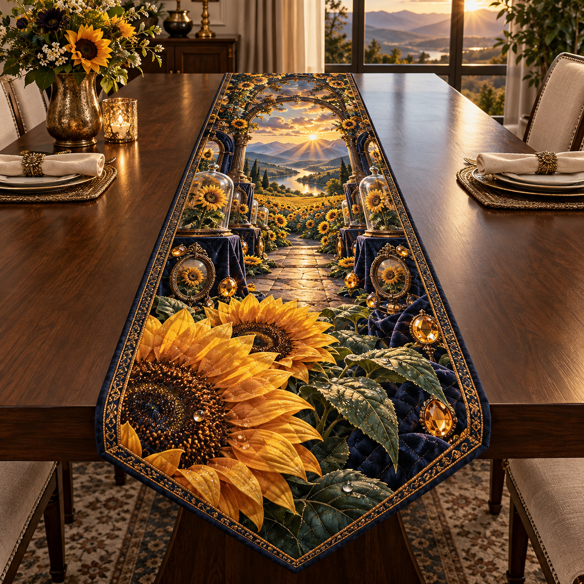 One table runner with a continuous sunflower collector gallery, monumental golden blooms, antique-brass arches, indigo velvet bays and a deep sunrise valley.