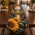 One table runner with a continuous sunflower collector gallery, monumental golden blooms, antique-brass arches, indigo velvet bays and a deep sunrise valley.