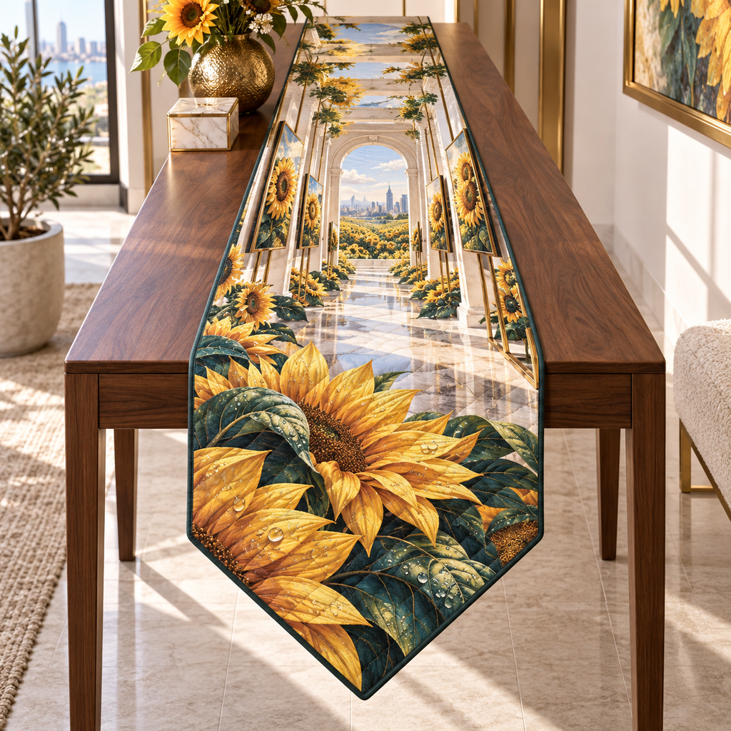 One table runner with a continuous sunflower apartment gallery, folded golden blooms, ivory portals, prismatic panels and a deep modern skyline.