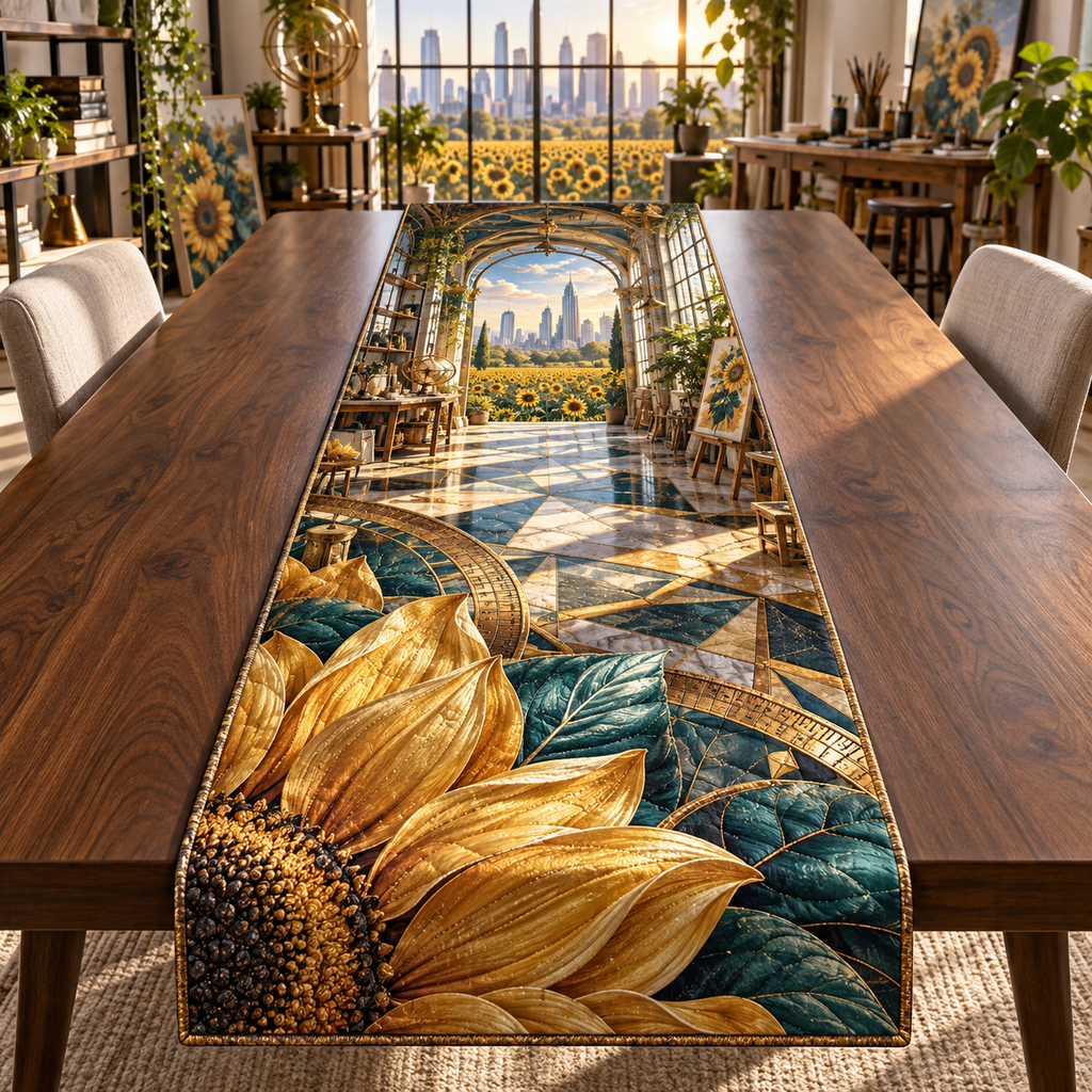 One table runner with a continuous sunflower maker atelier, folded golden blooms, brass drafting arcs, prismatic facets and a deep studio skyline.