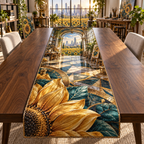 One table runner with a continuous sunflower maker atelier, folded golden blooms, brass drafting arcs, prismatic facets and a deep studio skyline.