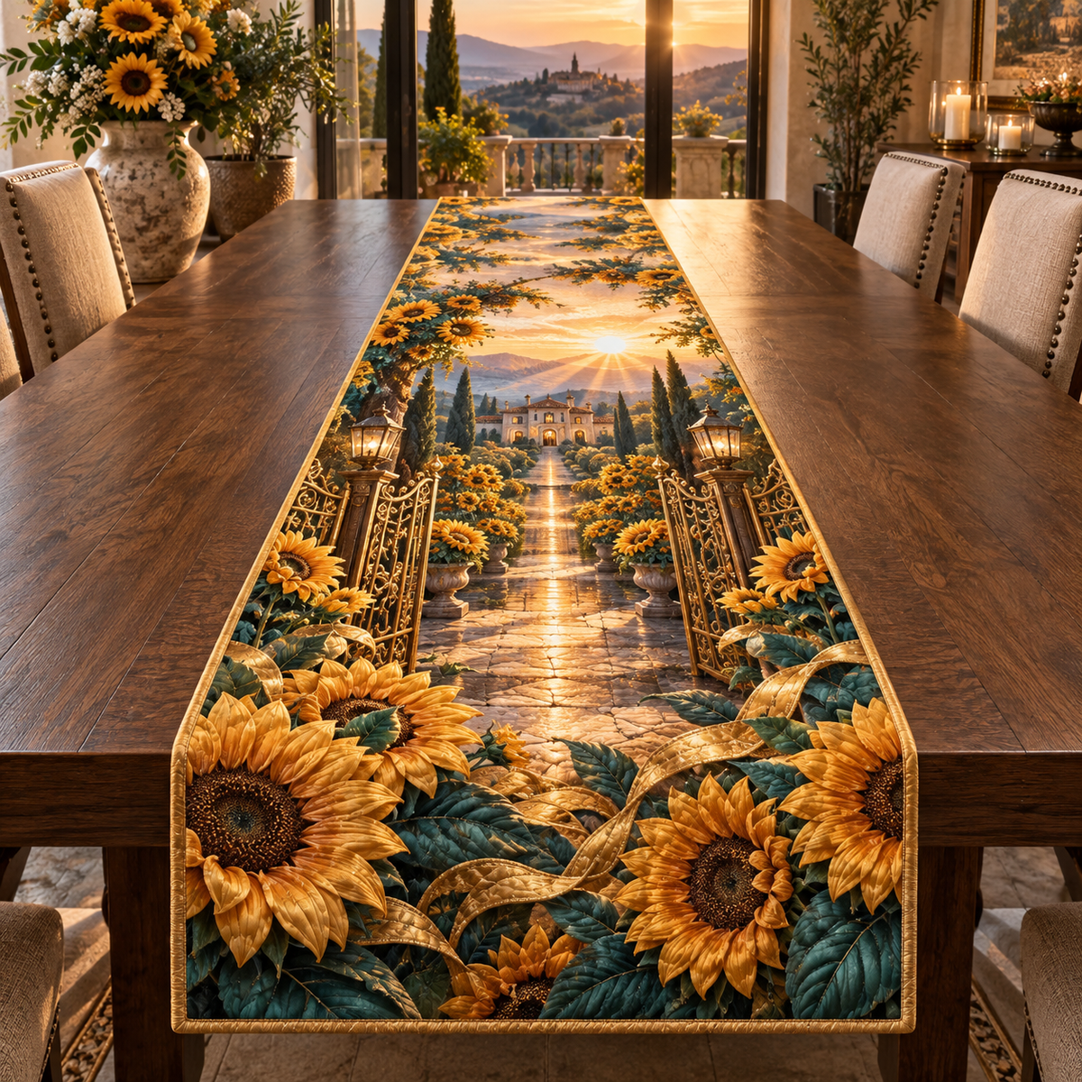 One table runner with a continuous sunflower welcome villa, folded golden blooms, champagne gates, crystal lantern facets and a deep terrace path.