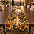 One table runner with a continuous sunflower welcome villa, folded golden blooms, champagne gates, crystal lantern facets and a deep terrace path.