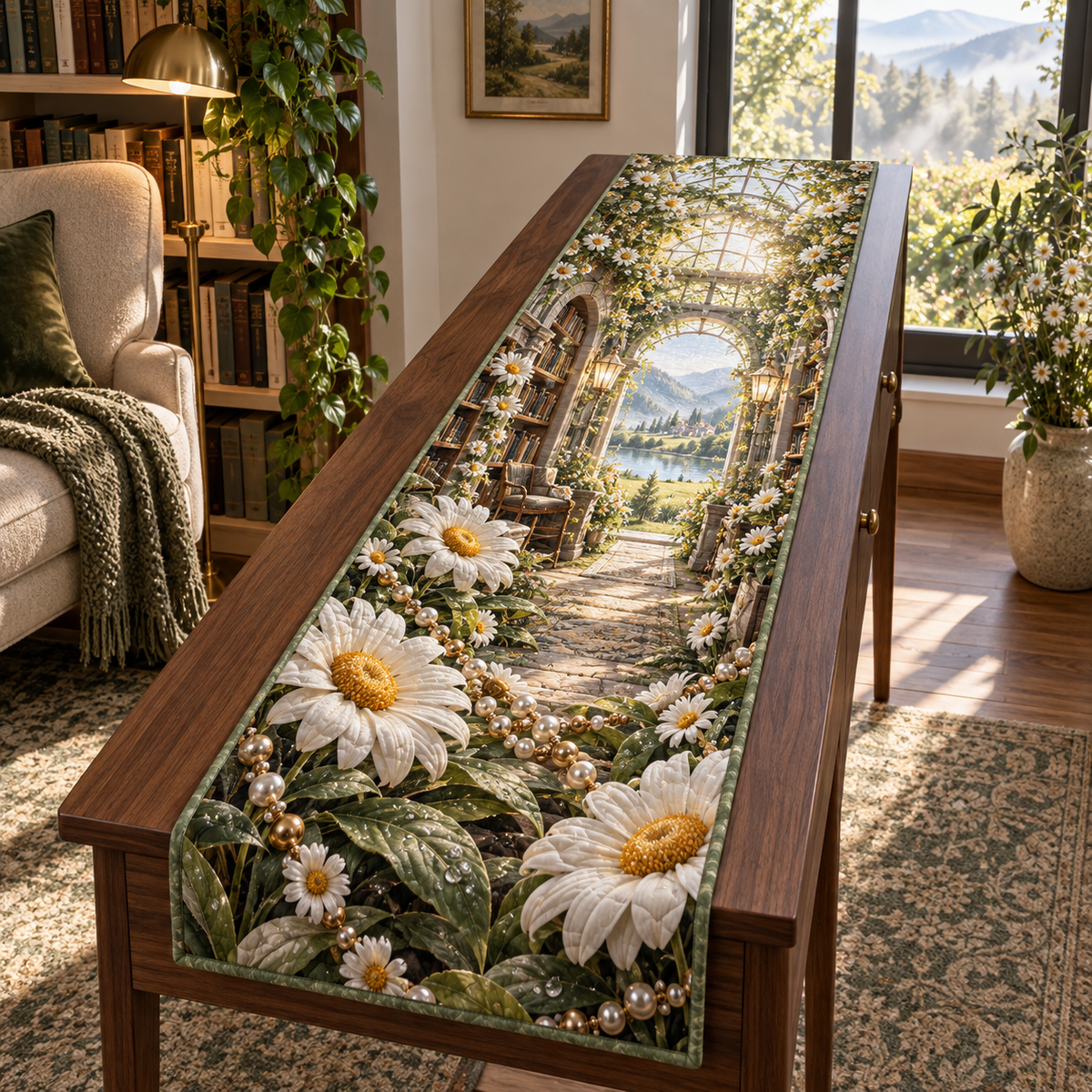 One table runner with a continuous daisy glasshouse library, luminous white blooms, pearl garlands, arched alcoves and a deep meadow path.