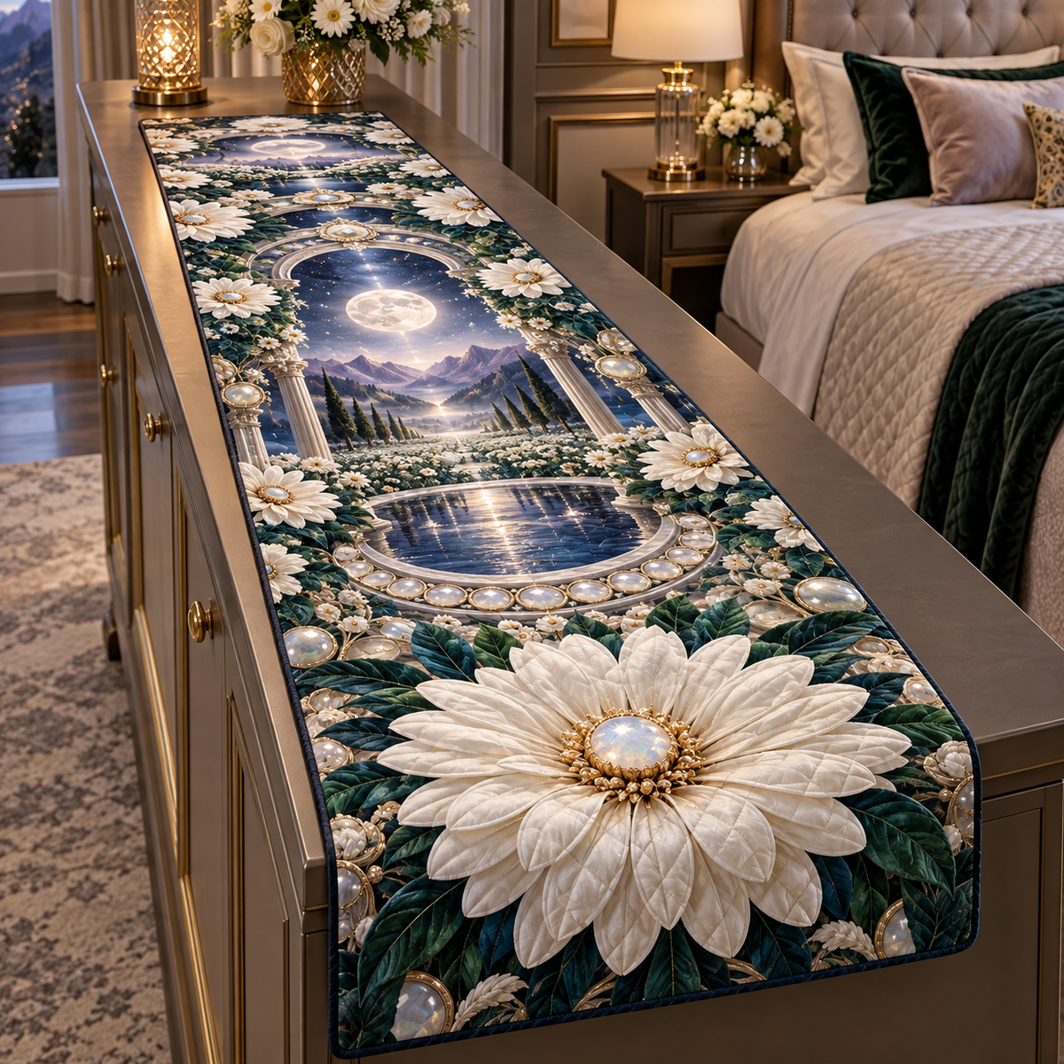 One table runner with a continuous celestial daisy rotunda, ivory blooms, pearl rings, moonstone arches and a deep moonlit gallery.