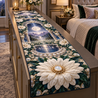 One table runner with a continuous celestial daisy rotunda, ivory blooms, pearl rings, moonstone arches and a deep moonlit gallery.