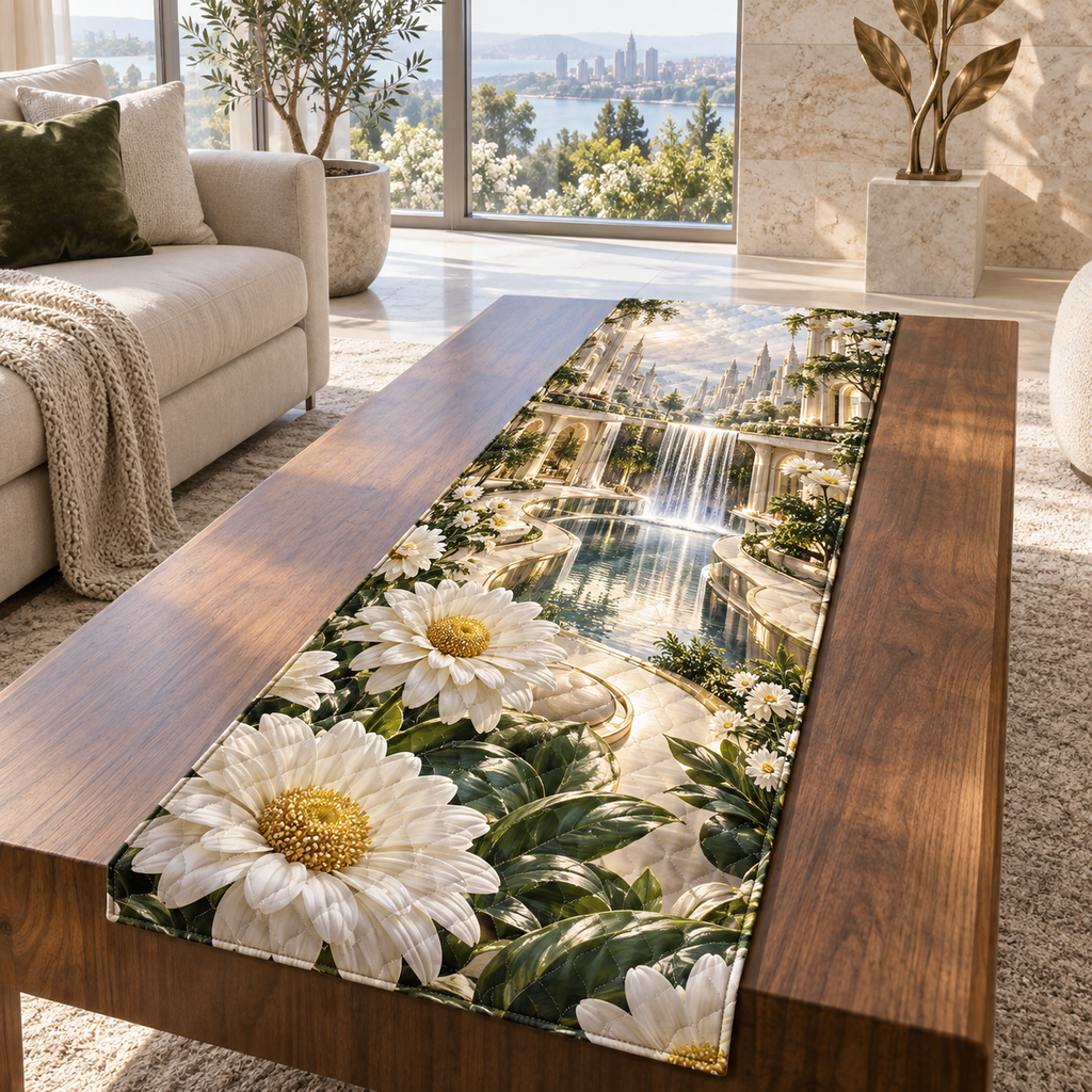 One table runner with a continuous modern daisy cascade, porcelain blooms, champagne terraces, mirrored channels and a deep waterfall atrium.