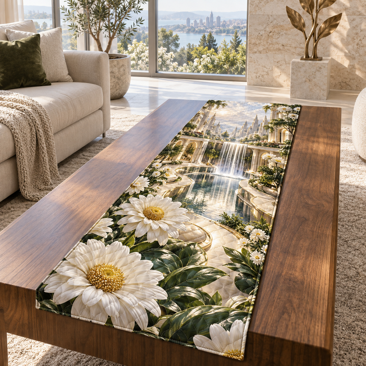 One table runner with a continuous modern daisy cascade, porcelain blooms, champagne terraces, mirrored channels and a deep waterfall atrium.
