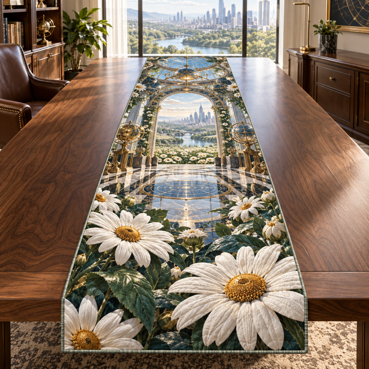 One table runner with a continuous daisy blueprint observatory, white blooms, brass coordinate rings, sapphire grids and a deep city vista.