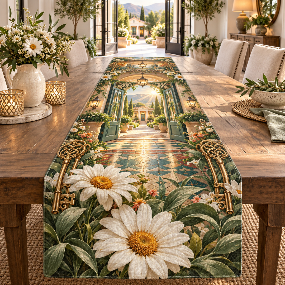 One table runner with a continuous daisy key manor, white blooms, brass coordinate rings, sapphire grids and a deep city vista.