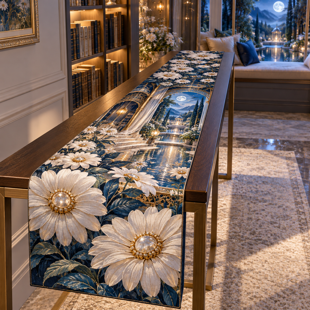 One table runner with a continuous moonlit daisy reading nook, white blooms, brass coordinate rings, sapphire grids and a deep city vista.