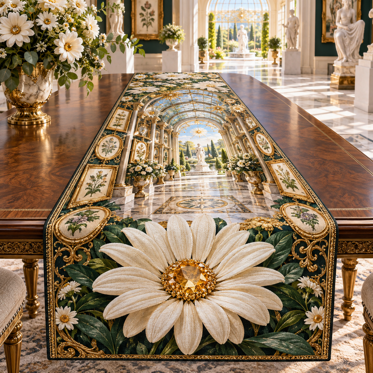 One table runner with a continuous gilded daisy collector gallery, white blooms, brass coordinate rings, sapphire grids and a deep city vista.