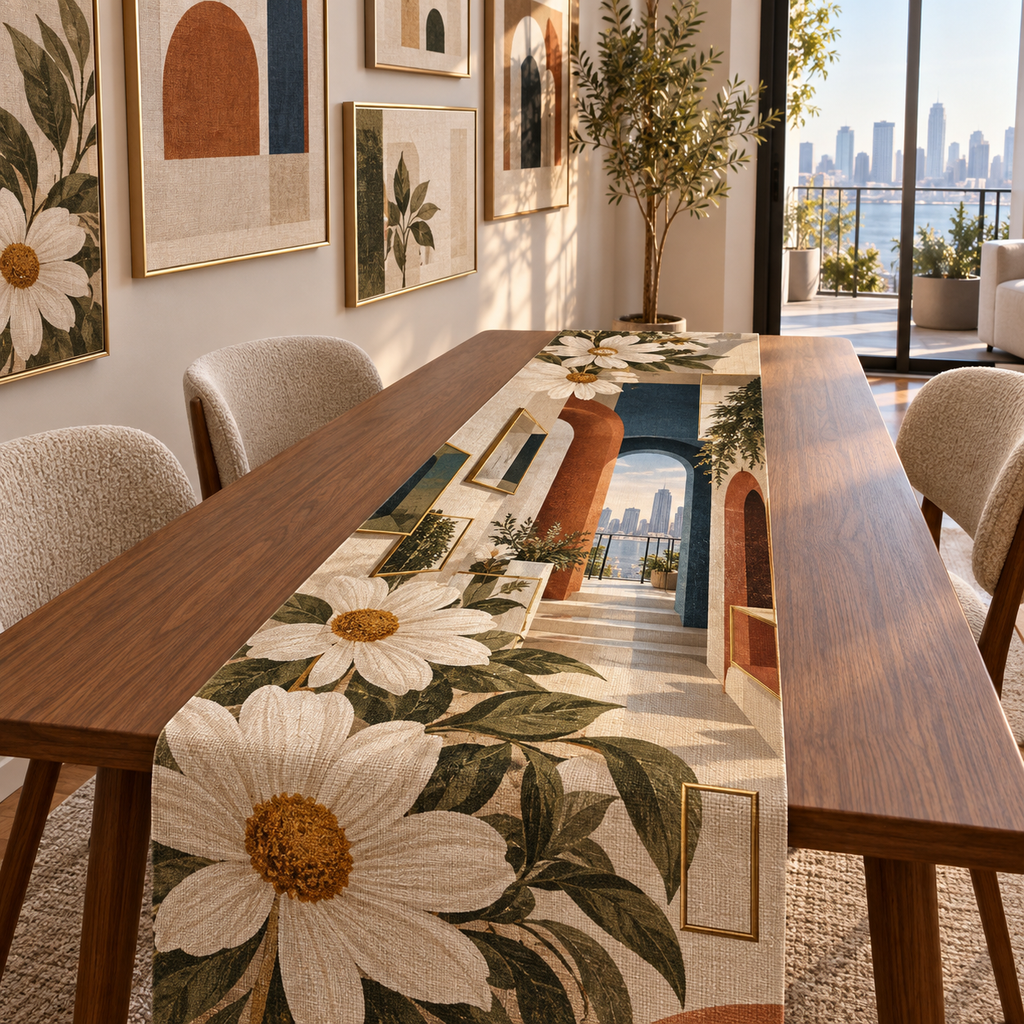 One table runner with a continuous terracotta daisy apartment gallery, white blooms, brass coordinate rings, sapphire grids and a deep city vista.