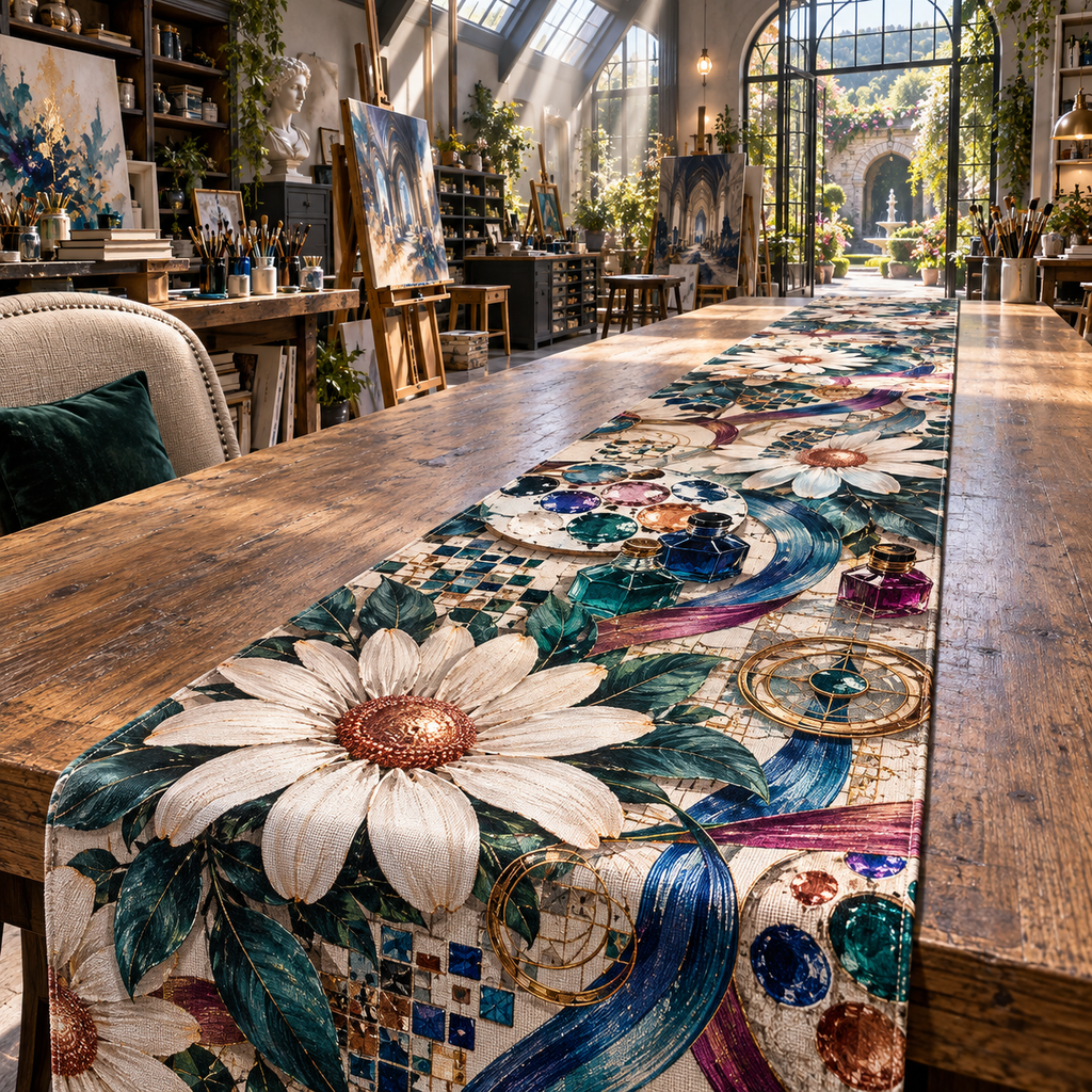 One table runner with a continuous daisy artisan atelier, white blooms, brass coordinate rings, sapphire grids and a deep city vista.