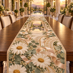 One table runner with a continuous daisy hospitality veranda, white blooms, brass coordinate rings, sapphire grids and a deep city vista.