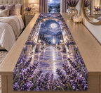 One table runner with a continuous lavender moon garden, white blooms, brass coordinate rings, sapphire grids and a deep city vista.