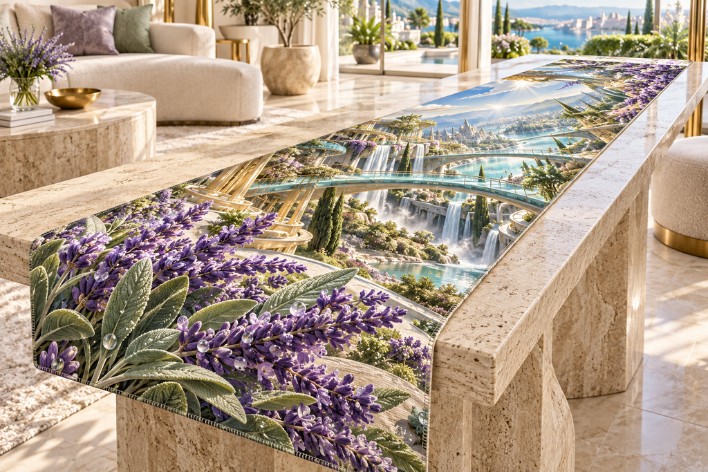 One table runner with a continuous lavender skybridge atrium, white blooms, brass coordinate rings, sapphire grids and a deep city vista.