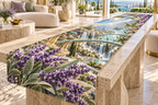 One table runner with a continuous lavender skybridge atrium, white blooms, brass coordinate rings, sapphire grids and a deep city vista.