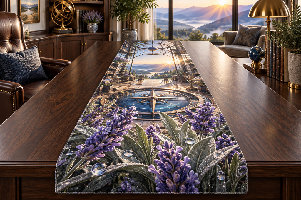 One table runner with a continuous lavender observatory studio, white blooms, brass coordinate rings, sapphire grids and a deep city vista.