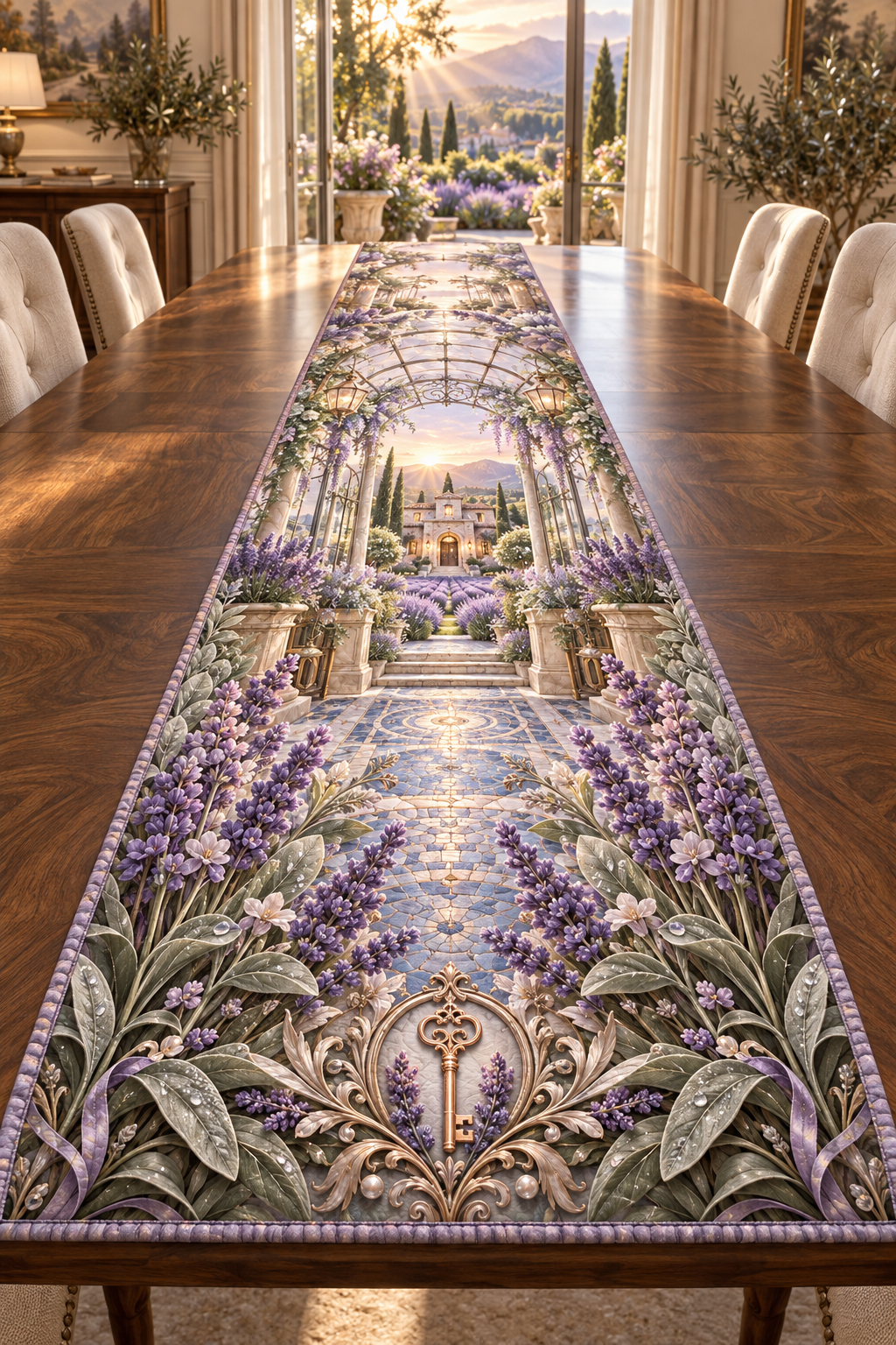 One table runner with a continuous lavender welcome atrium, white blooms, brass coordinate rings, sapphire grids and a deep city vista.