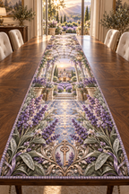 One table runner with a continuous lavender welcome atrium, white blooms, brass coordinate rings, sapphire grids and a deep city vista.