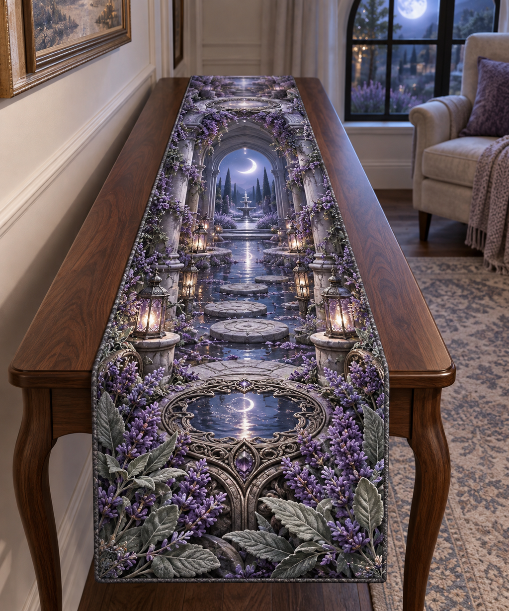 One table runner with a continuous lavender moonwell library, white blooms, brass coordinate rings, sapphire grids and a deep city vista.