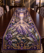 One table runner with a continuous lavender jubilee gallery, white blooms, brass coordinate rings, sapphire grids and a deep city vista.